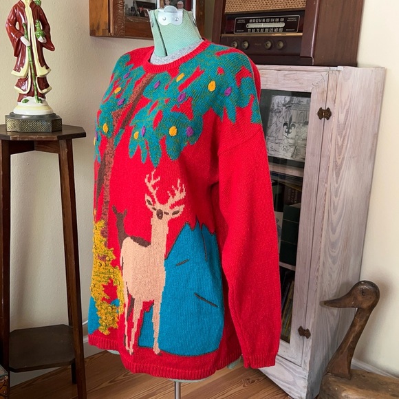 Vintage 90s Funky Nature Deer Colorful Textured Woodland Oversized Knit Sweater - Picture 3 of 10